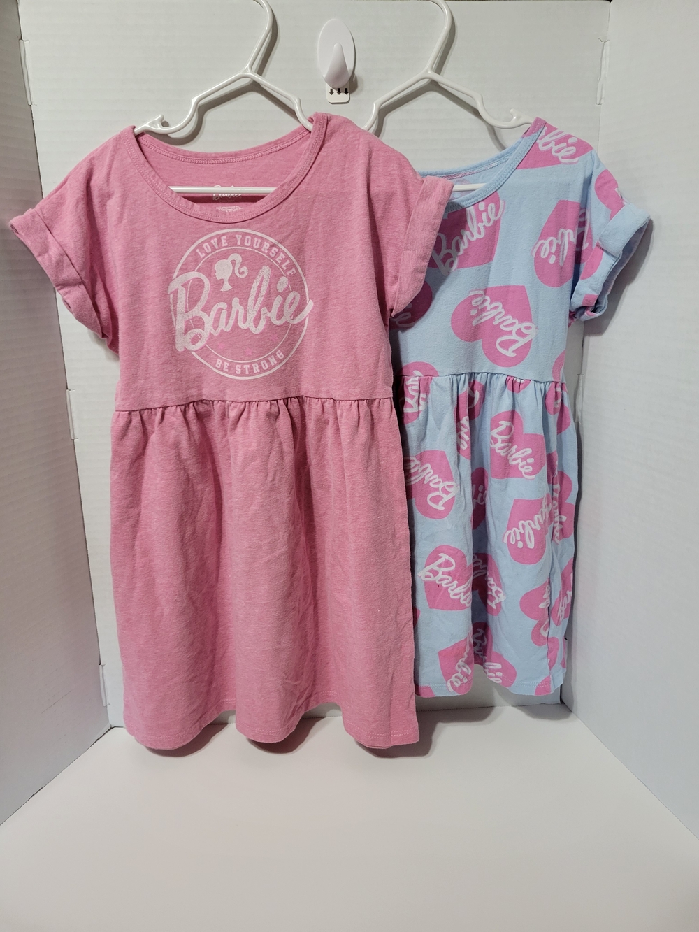Barbie Girls Dress Lot – 2 Pieces Pink & Blue Graphic Dresses Size S (6/6X)